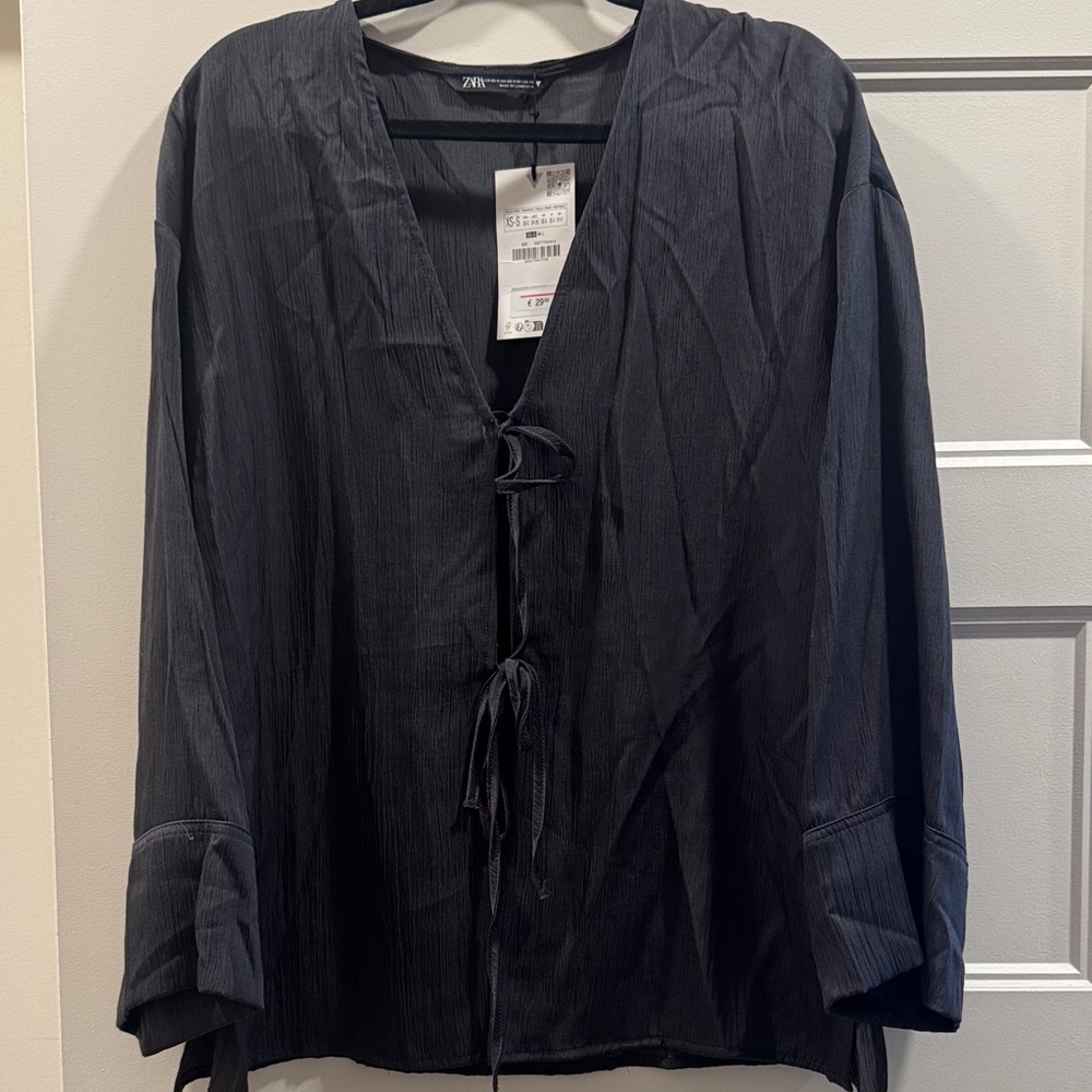 Zara Black Tie-Front V-Neck Blouse